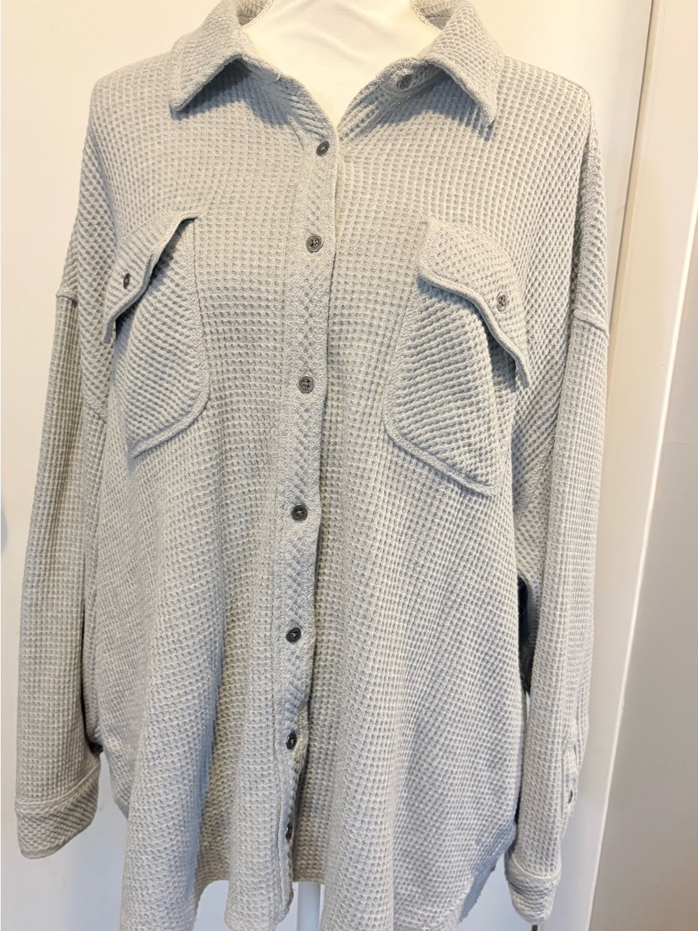 Aerie Gray Waffle Knit Oversized Button Down - Picture 2 of 7